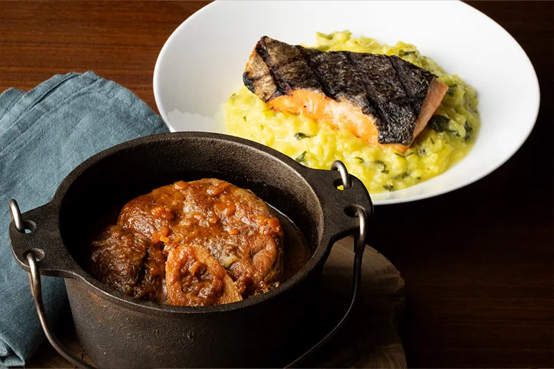 野沢菜のサフランリゾットと信州サーモンのグリル添え