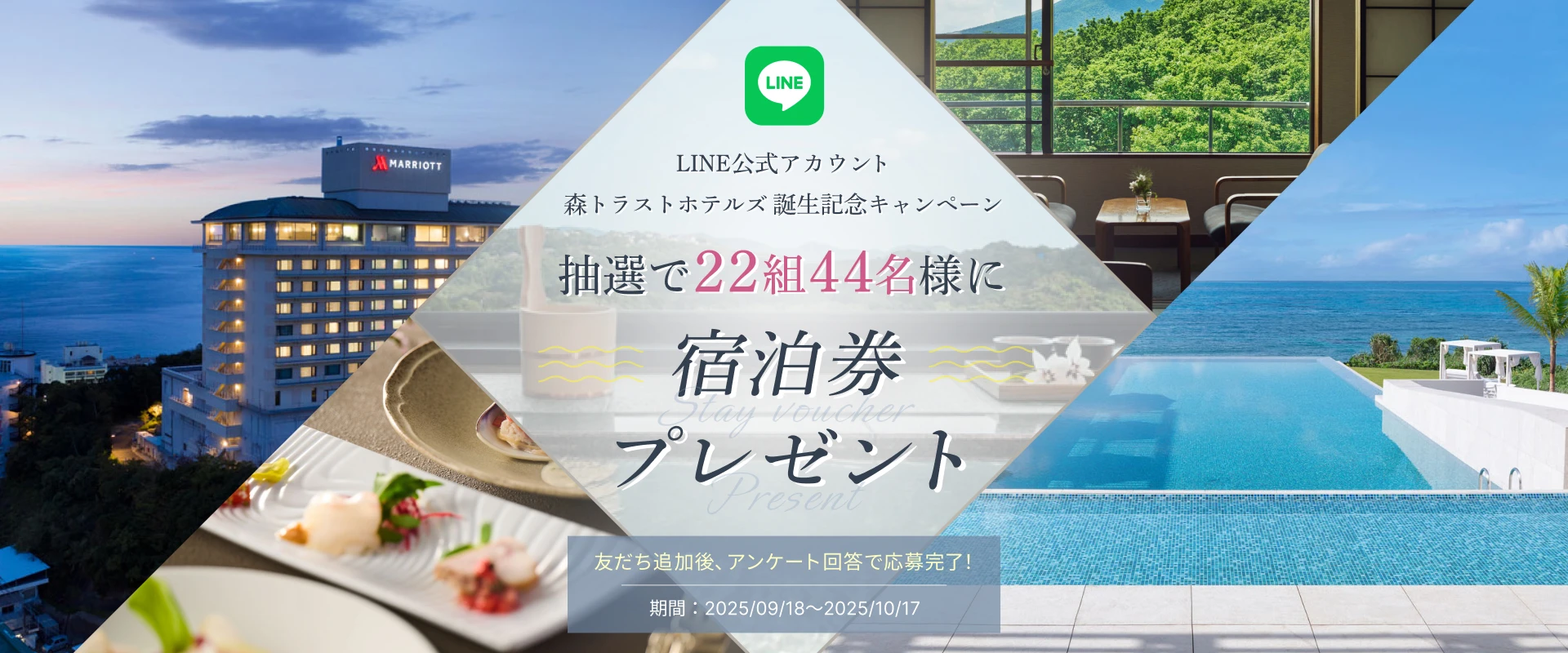 【LINE公式アカウント森トラストホテルズ誕生キャンペーン】抽選で宿泊券プレゼント！